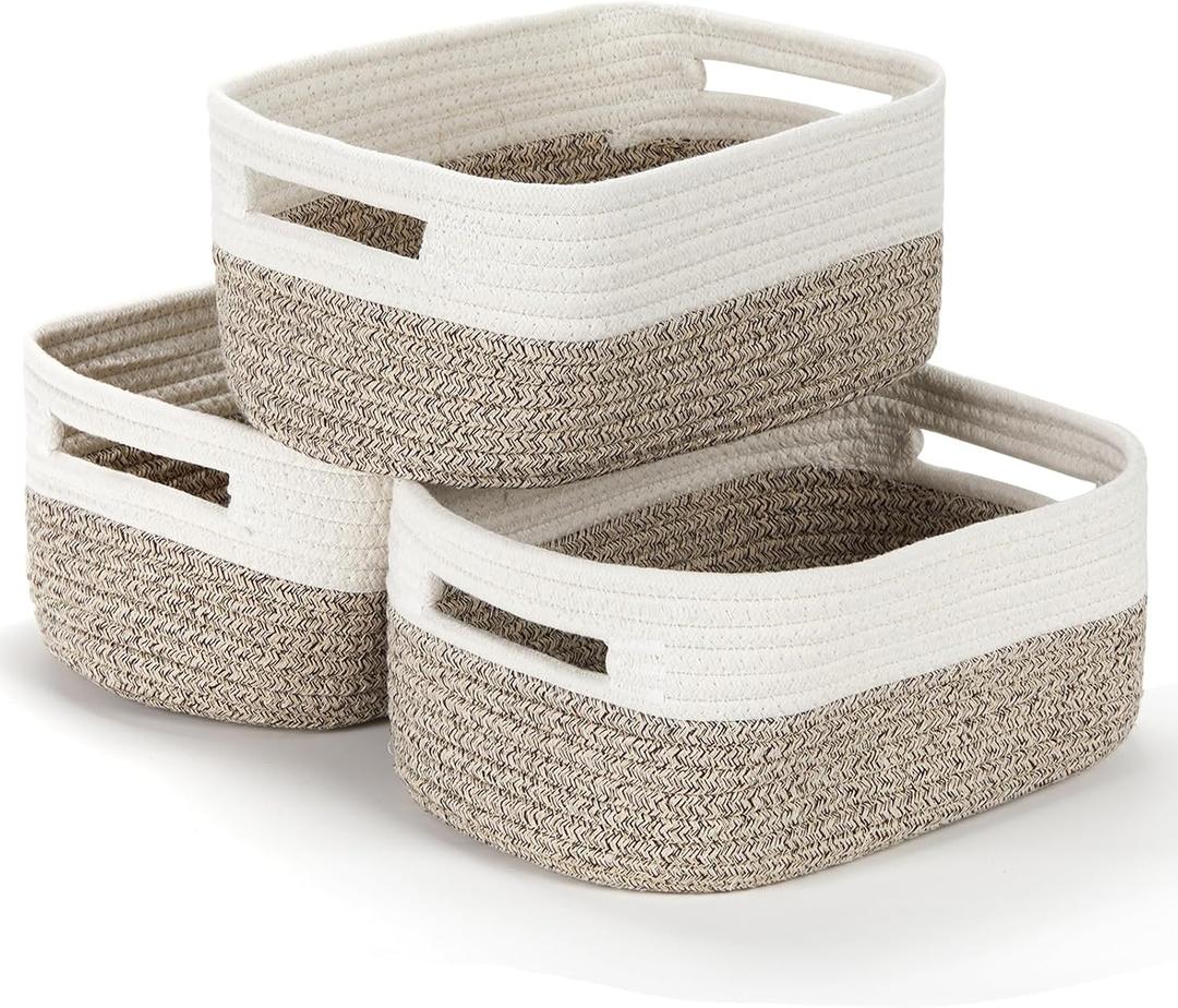 Bidtakay Small Cotton Rope Storage Baskets for Organizing 3 Pack Woven Baskets for Storage Closet Organizer Bins for Shleves 11.8×7.8×5 inch Cute Boho Decorative Basket with Handles - White&Tan