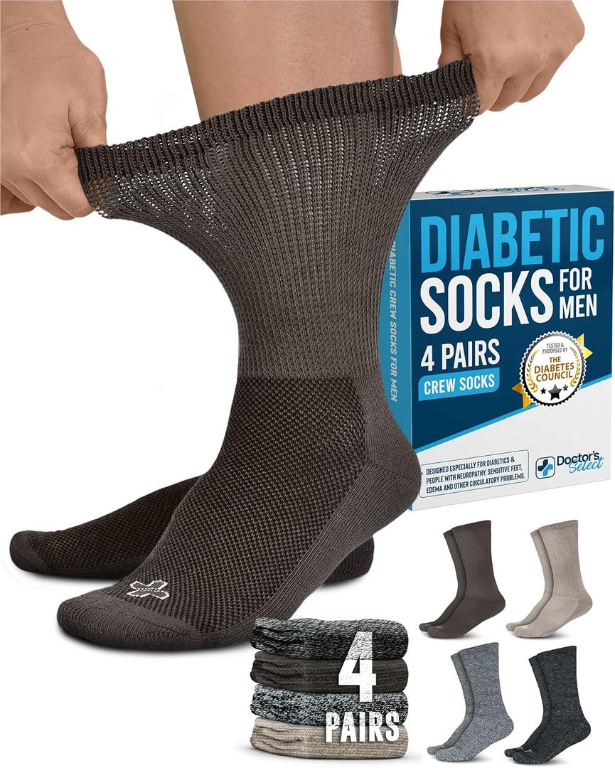 Doctor's Select Diabetic Socks for Men 9-12 - 4 Pairs Crew Neuropathy Socks for Men | Brown