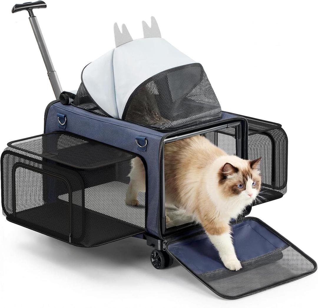 3-Sided Expandable Pet Cat Carrier with Wheels & Hammock, 24-Inch Soft-Sided Portable Rolling Pet Carrier for Large Cats, Medium & Small Dogs, Detachable for Travel, Camping, Outdoor Walks