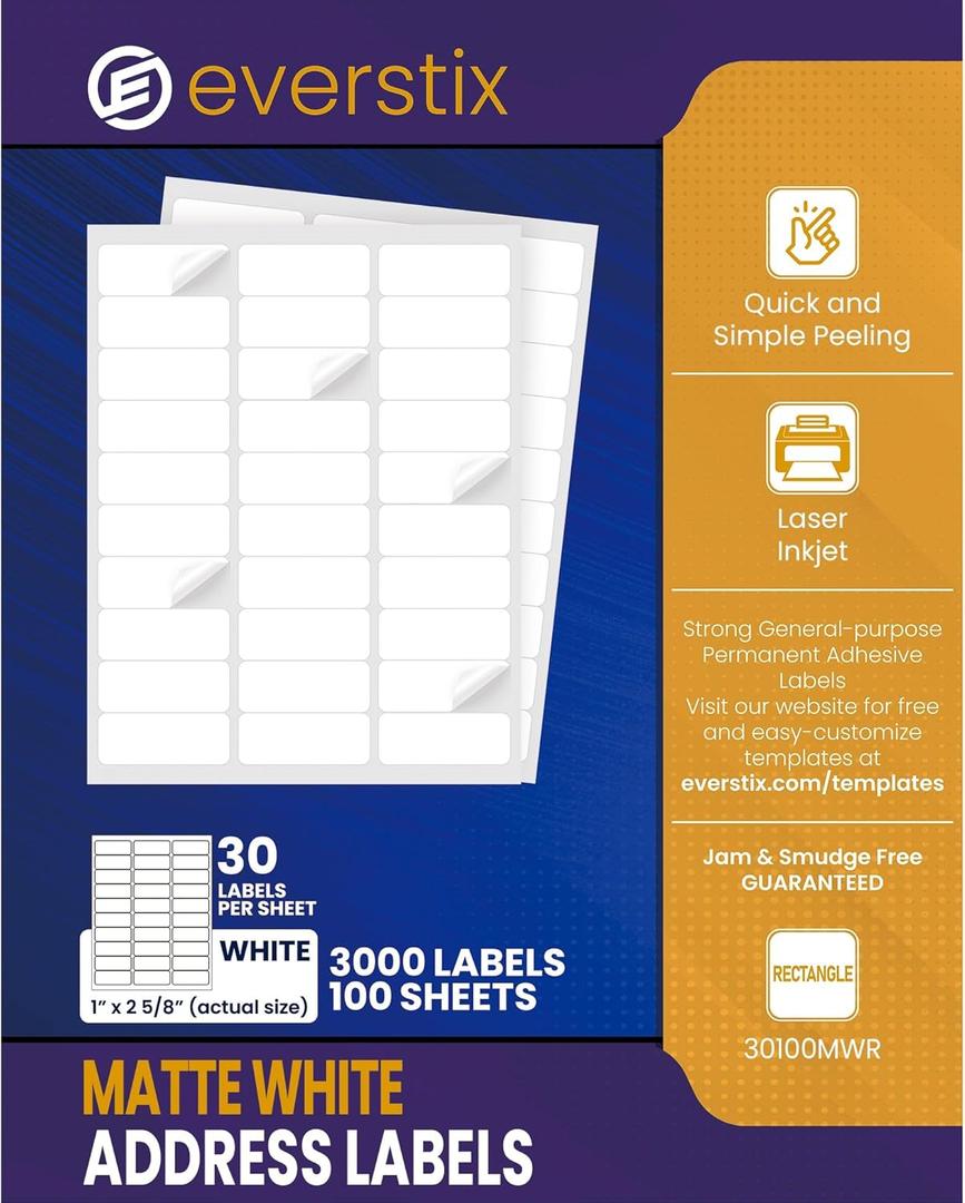 1" x 2-5/8", 100 Sheets, 3000 Mailing Address Labels, White Sticker Labels for Laser & Inkjet Printers, Permanent Adhesive