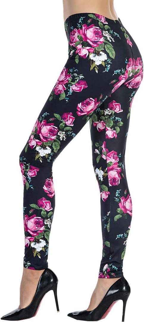 Ndoobiy Women's Printed Leggings Full-Length Plus Size Workout Legging Pants Soft Capri M1-Roses69-2 M