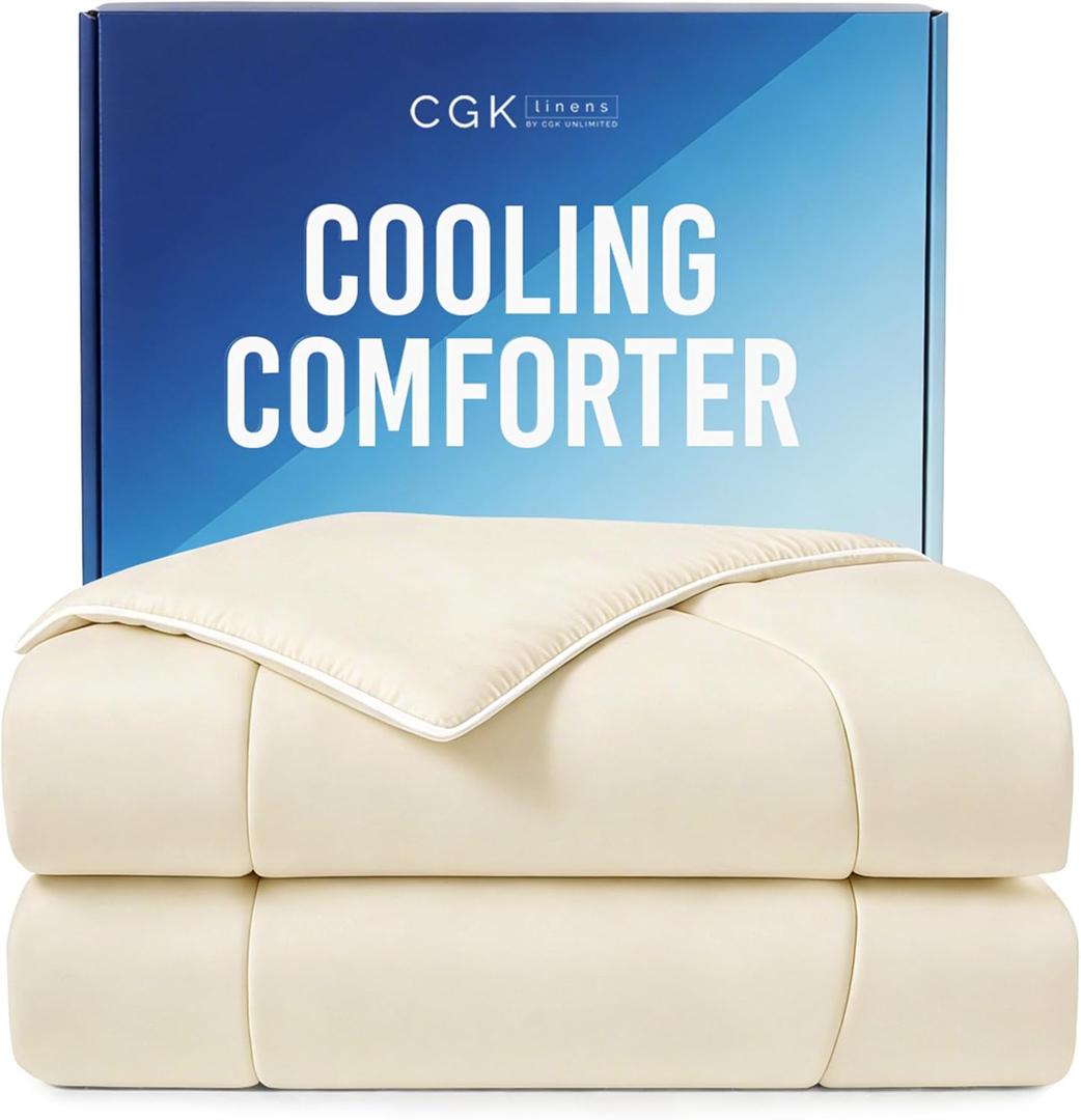 Cooling Comforter Full/Queen Size - Cooling Blanket for Hot Sleepers & Night Sweats - Summer Comforter for Full & Queen Size Beds - Soft, Cozy, Breathable Cold Blanket for Sleeping - 90x90 (Off White)