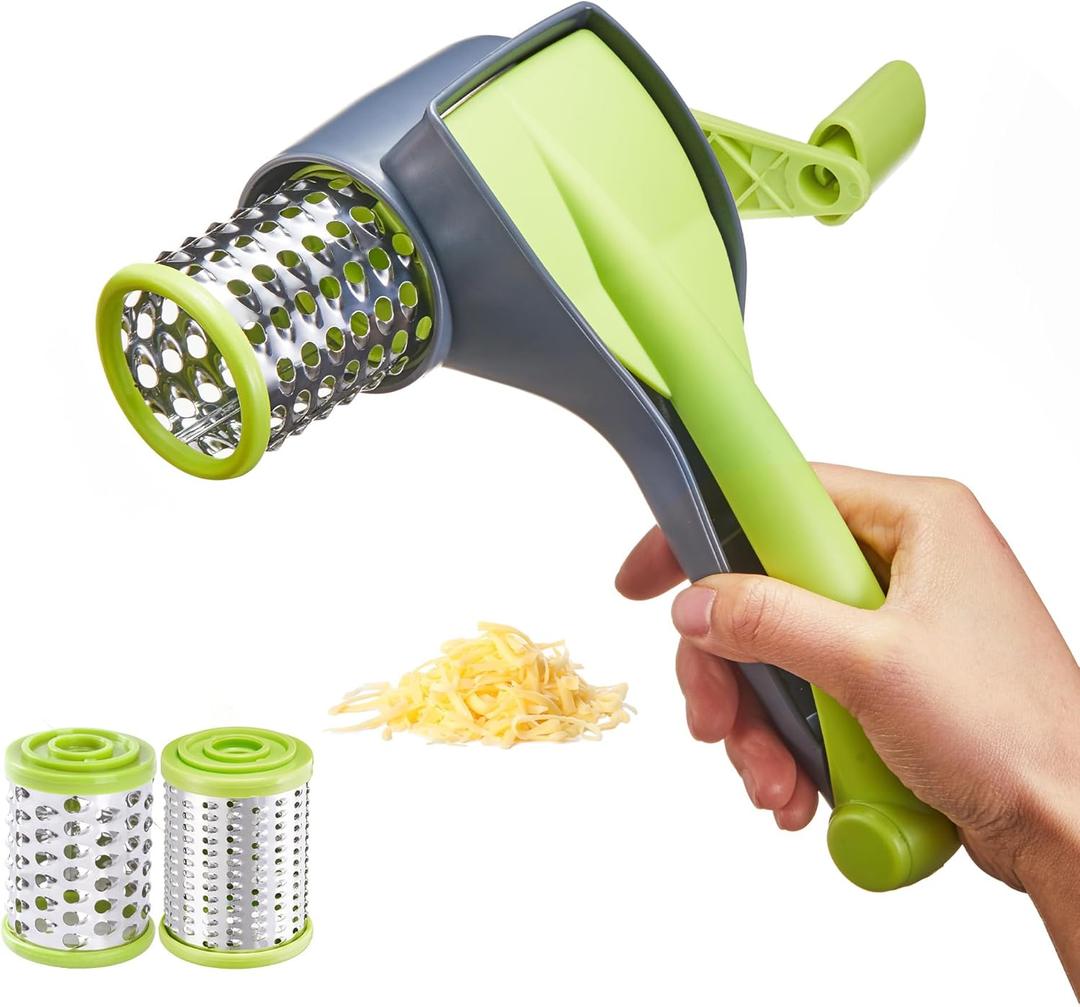 Cheese Grater with Handle, Kitchen Parmesan Cheese Grater with 2 Stainless Steel Drums, Rotary Cheese Graters Handheld for Grating and Shredding Hard Cheese, Chocolate