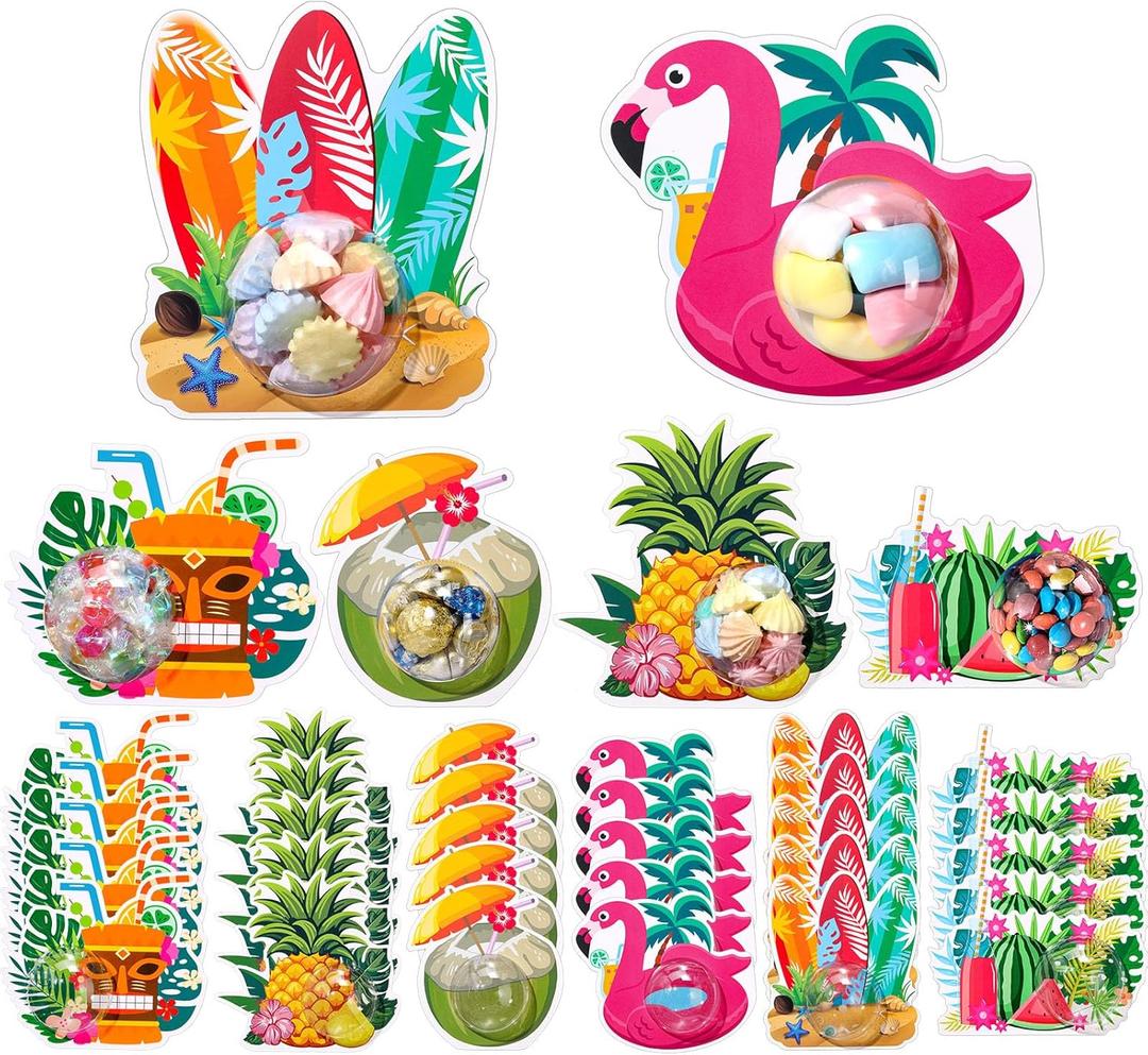 30 Pack Hawaiian Candy Cards Hawaiian Theme Holder with Clear Plastic Candy Dome Tropical Party DIY for Summer Pool Beach Birthday Baby Shower Bachelorette Party Favor Supplies