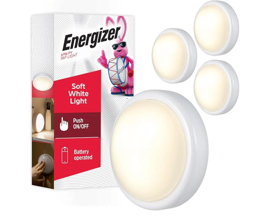 Energizer LED Tap, 4 Pack, Push, Battery Operated, Touch, Stick On Lights, Wireless, Puck, Under Cabinet Lighting, Perfect for Closets, Kitchen and More, 48958-P1