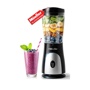 Mueller Smoothie Blender for Smoothies - Personal Blender for Shakes, Frozen Drinks, Baby Food & More, 15oz Travel Cup and Lid, Durable Stainless Steel Blades for Powerful Blending Performance, Black
