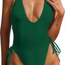 ZAFUL Women Plunging One Piece Swimsuit Backless Cross Tie High Cut Thong One-Piece Bathing Suit (Medium, 0-green)