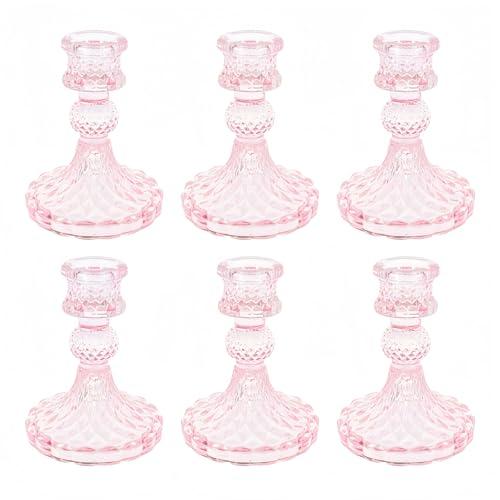 ECHFSM Glass Candlestick Holder,Striped Taper Candle Holders,Set of 11 Candle Stand for Table Centerpieces, Home Decor,Weddings,Festival and Parties (Pink Dimond)