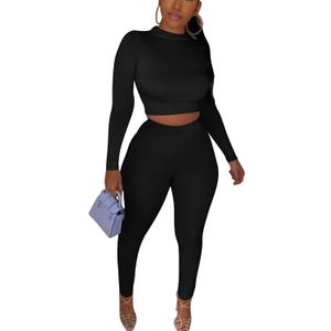 Kaximil Women's Workout Tracksuit 2 Piece Outfits Long Sleeve Crop Top High Waist Legging Pants Set (Black, Small)