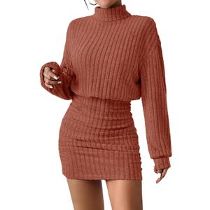 AUXDIO Women's Ribbed Knit Mock Neck Bodycon Mini Sweater Dress (Red, XL)