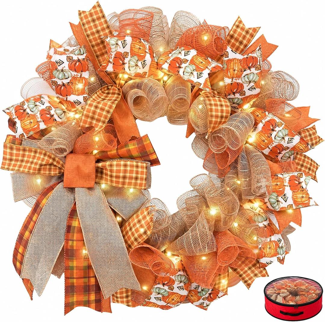 24 Inch Fall Wreaths for Front Door, Pumpkin Wreath