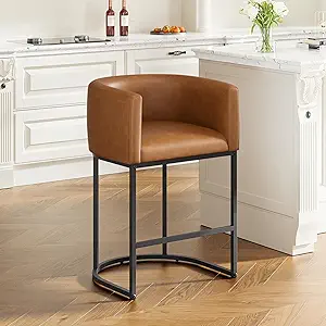 26" H Counter Height Bar Stools Set of 1, Modern Barrel Counter Stools with Backrest and Arms, Faux Leather Upholstered Accent Barstools for Kitchen Island,Support 450 LBS (Walnut Brown