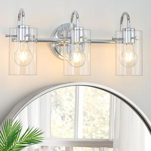 3 Lights Vanity Light, Polished Chrome Bathroom Wall Light Fixture Over Mirror, Modern Wall Sconce with Clear Glass Shade, Farmhouse Mount Lamp for Washroom, Living Room, Workshop