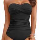 Yonique Womens Strapless One Piece Swimsuit Tummy Control Bandeau Bathing Suits Slimming Twist Front Swimwear (18 Plus, Black)