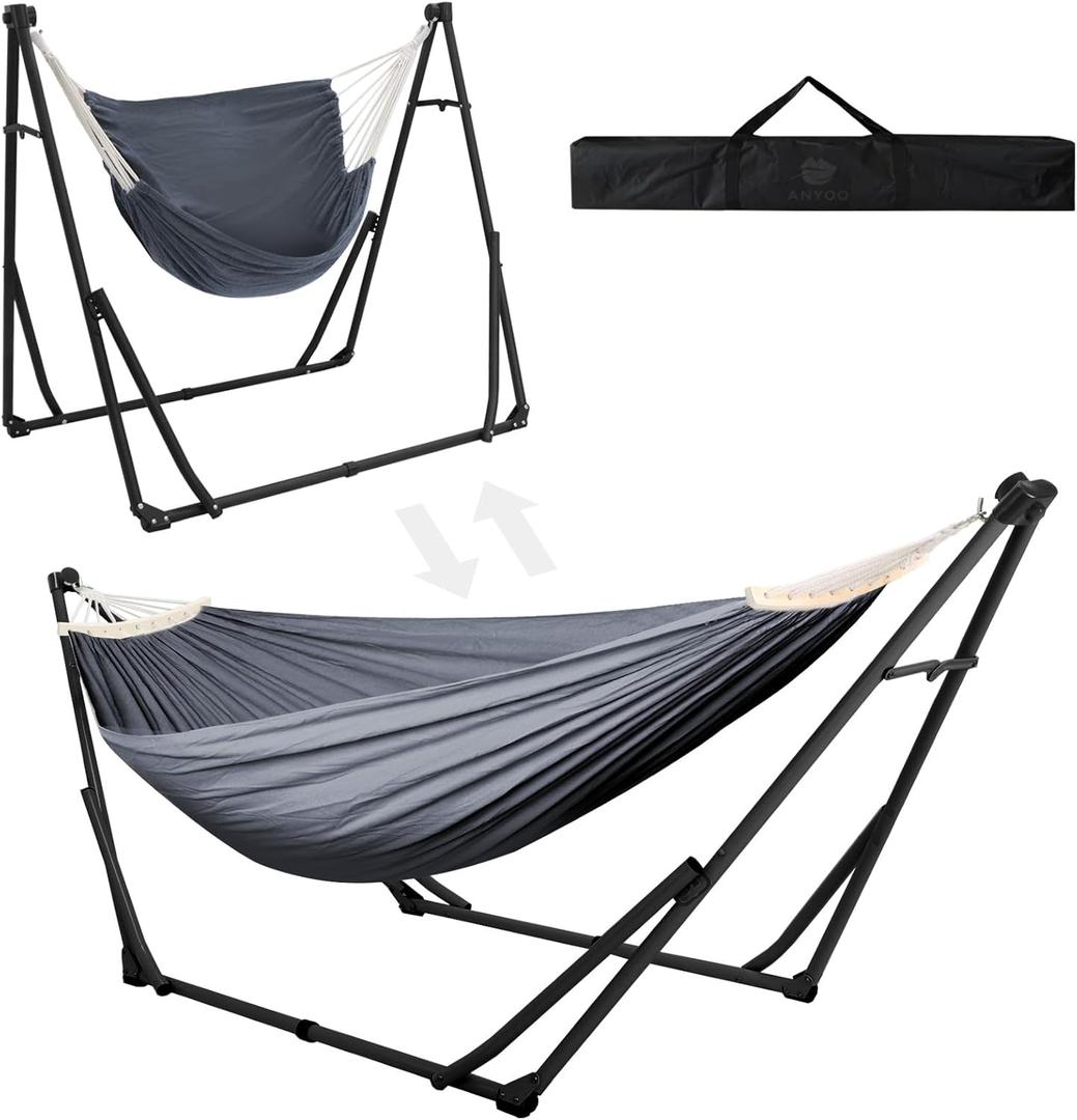 Anyoo 2 in 1 Hammock and Swinging Chair with Collapsible Steel Stand & Carrying Case,Portable & Adjustable,Easy Set Up for Outdoor,Indoor,Porch Swing,Patio,Garden,Camping Trip (Black)