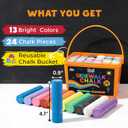 24 PCS Sidewalk Chalk for Kids - 13 Colors Bucket - Non-Toxic Washable Jumbo Chalks - Bulk Colored Set for Kids & Toddlers Outdoor Play, Chalkboard Art - Easy Carry & Mess-Free Storage