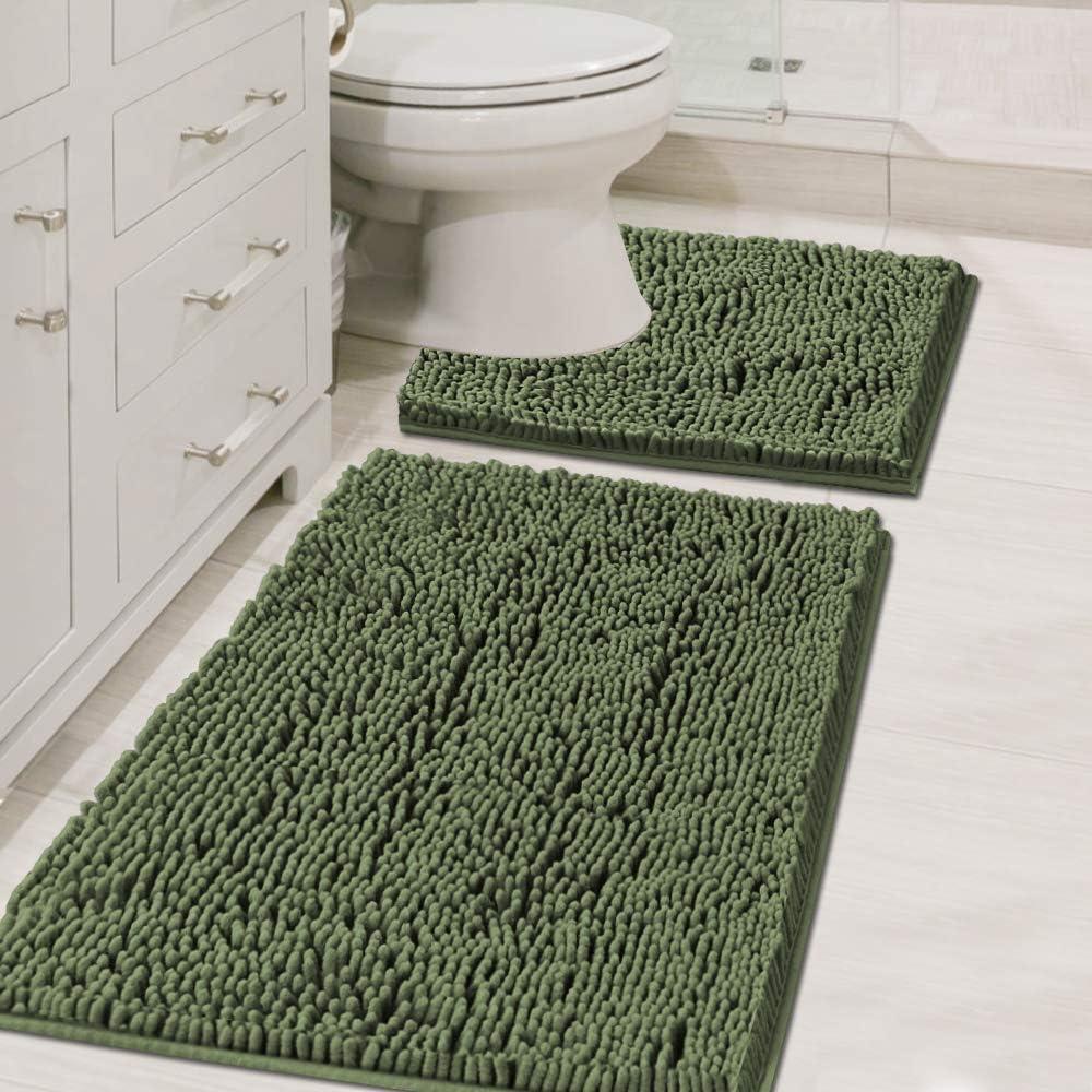 H.VERSAILTEX Bathroom Rugs Luxury Chenille Mat Set, Soft Plush Shower Rug + Toilet Mat, Microfiber Shaggy Carpet, Super Absorbent, Machine Washable (Curved Set, 32" x 20"/20" x 20", Loden) 