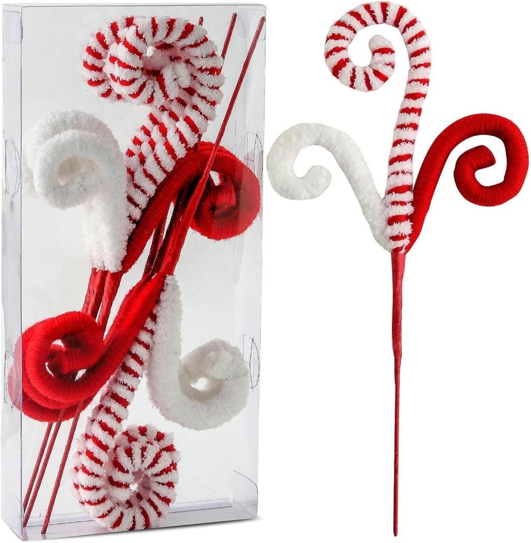 6PC Set Red/Green Christmas Tree Decorations Picks Christmas Woolen Candy Curly Pick, Christmas Tree Toppers Decorations Home Office Vase Party Ornaments (RED)