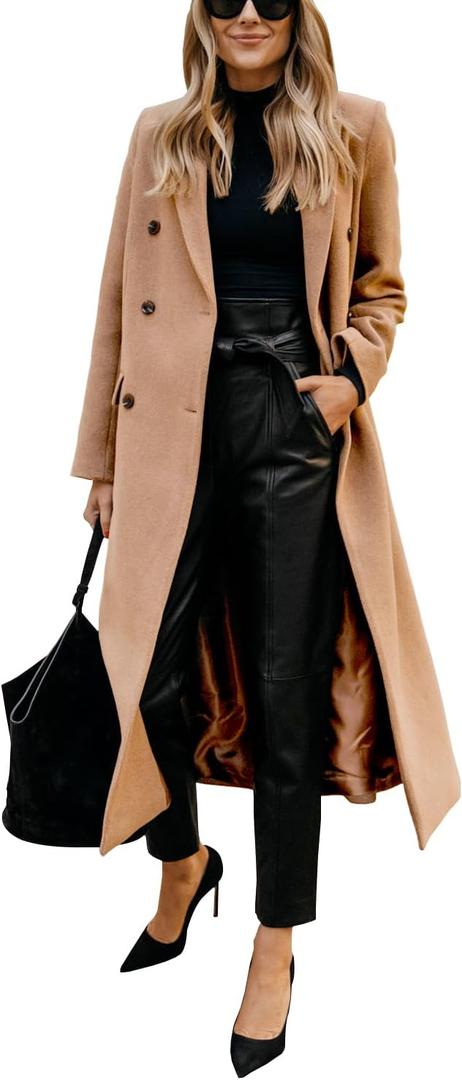 IDEALSANXUN Womens Long Wool Coats Fall Winter Notch Lapel Dressy Trench Coat Peacoat Jackets (Large, Camel)