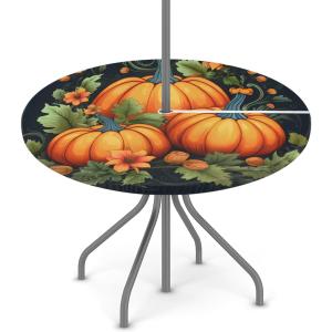 Pumpkin Flower Round Fitted Outdoor Tablecloth with Umbrella Hole and Zipper Waterproof Wrinkle Free Table Cover Elastic Edge Table Cloth for Party Patio and Picnic,36"-44"