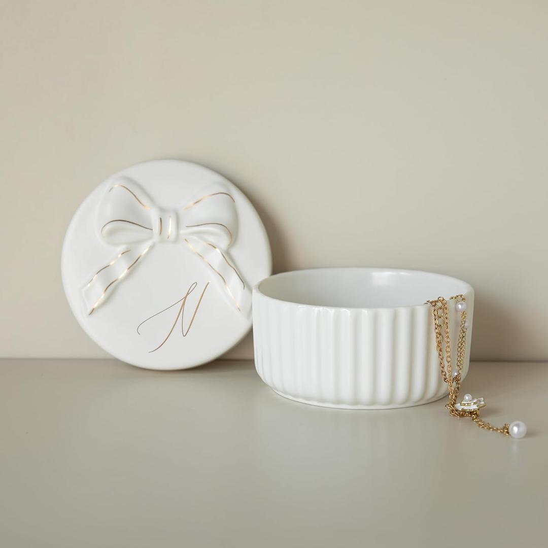 COLLECTIVE HOME - Monogram Jewelry Box with Bow, Christmas Gift Ideas for Women, Small Gift for Girlfriend Wife, Ring Holder, Earrings Dish, Birthday Gift for Her (N)