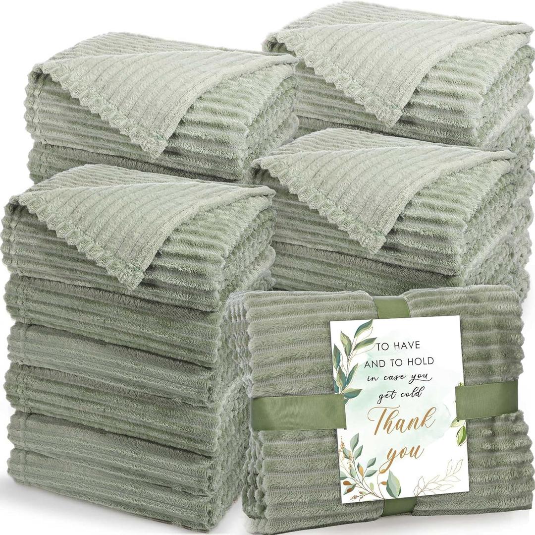 Buryeah 24 Pcs Wedding Flannel Fleece Throw Blanket Bulk with Thank You Card and Ribbon, 50 x 60 Inch Throw Blankets Outdoor Wedding Ideas, Party Souvenirs (Sage Green)
