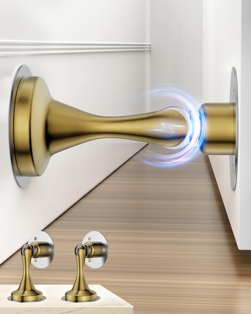 Magnetic Door Stopper for Bottom of Door Catch, Heavy Duty Magnets Door Stops Holder to Keep Door Open, No Drill Strong Adhesive & Screws, Wall & Floor Mounting Stainless Steel Doorstop 2 Pack Gold