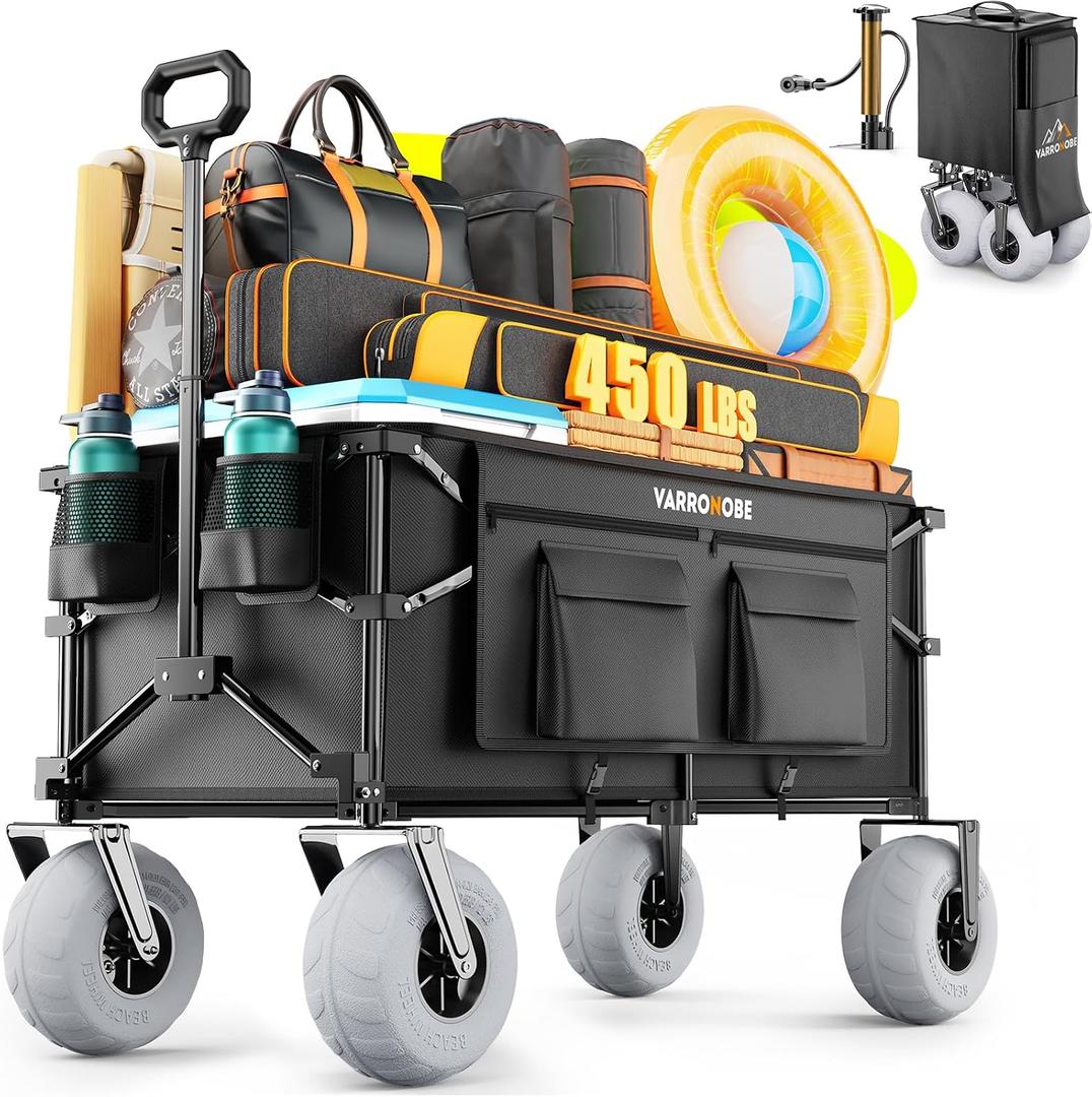 Beach Wagon with Big Balloon Wheels for Sand, 240L Collapsible Wagon, 9x4 Wide Wheels, 450lbs Heavy Duty Beach Cart with Side Covers & Zipper Pockets, 600D Oxford Fabric, Black