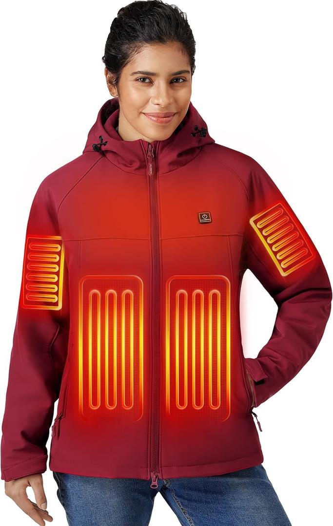 ULUSERN Heated Jacket for Women with 12V Battery Pack Included,Soft Shell Electric Heating Coat with 5 Large Heating Areas (L)