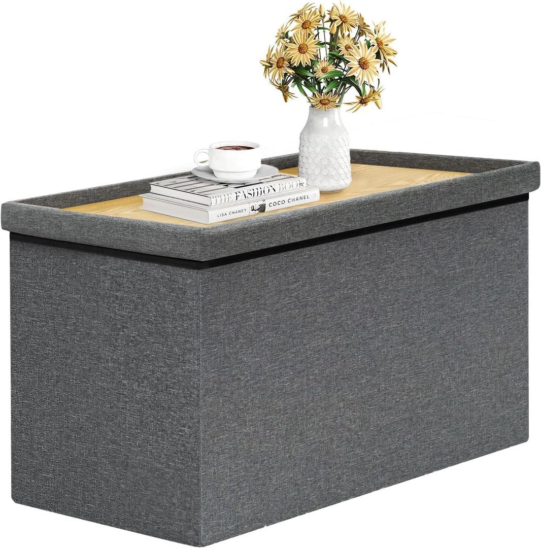 B FSOBEIIALEO Storage Ottoman with Tray, Linen Coffee Table Folding Long Shoes Bench Footstool, Dark Grey 30"x15.74"x15", Medium