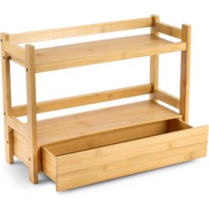 Sorbus Bamboo Bathroom Counter Organizer  2-Tier Shelf with Hidden Drawer for Vanity, Matcha Station, Bathroom Sink Organizer Countertop, Kitchen & Office Storage (17Lx6.5Wx12.6H)