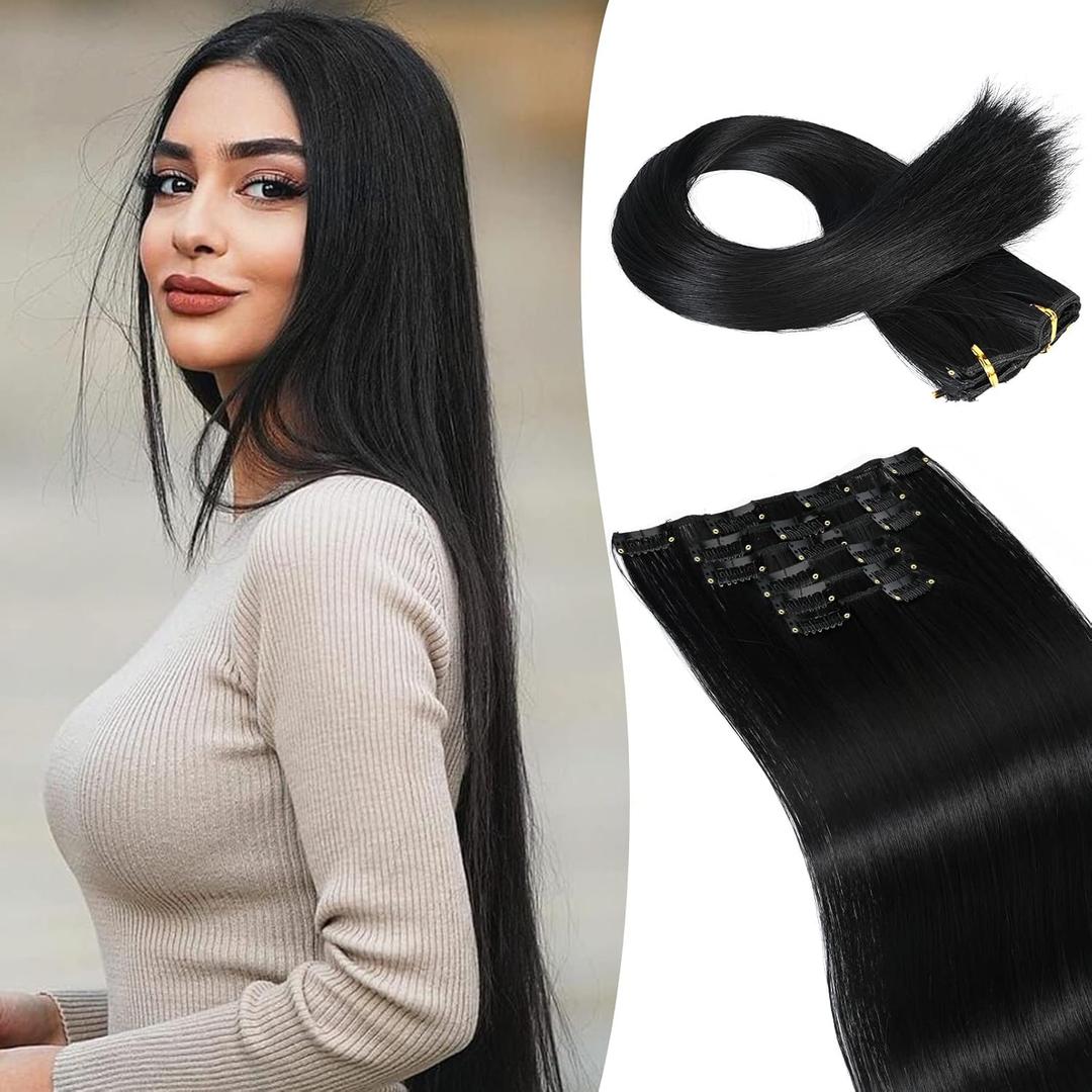 LONAI Clip in hair extensions 6PCS Straight 24" Hair Extensions for WomenHeat Resistant Synthetic Hairpiece-Black