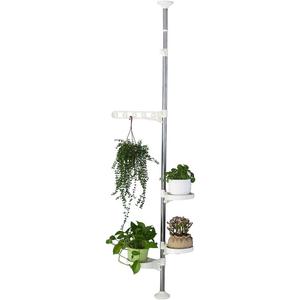 BAOYOUNI Indoor Plant Pole Stand Tension Rod Hanger Window Sill Flower Display Rack Holder Adjustable Corner Vertical Storage Organizer with 3 Trays & 1 Arm for Counter Top, Ivory (1 x 4 Tier)