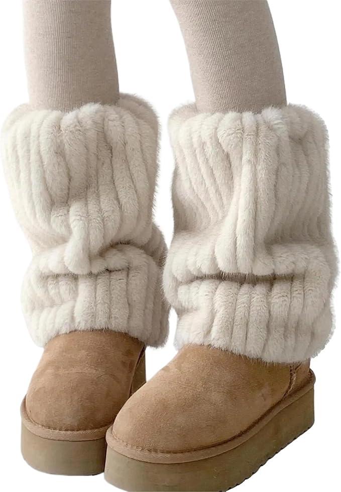 MANGMAO Fuzzy Leg Warmers Y2k Fairy Grunge Fur Leg Warmers Women Fluffy Cute Stocking Socks Aesthetic Accessories (White)