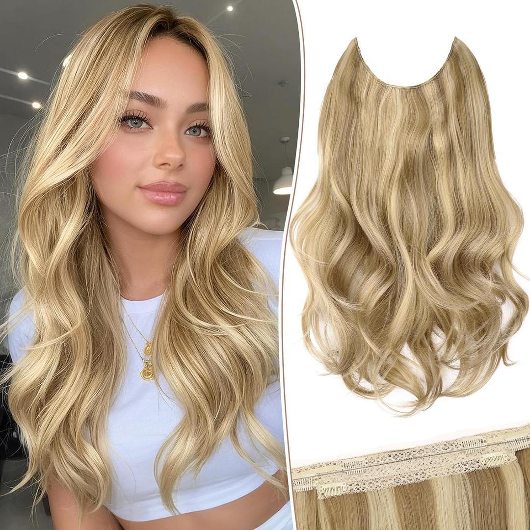 KooKaStyle Invisible Wire Hair Extensions Long Wavy Layered Synthetic with Transparent Wire Adjustable Size 6 Secure Clips Hairpieces for Women 16 Inch (16 Inch, Light Brown mix Golden Blonde)