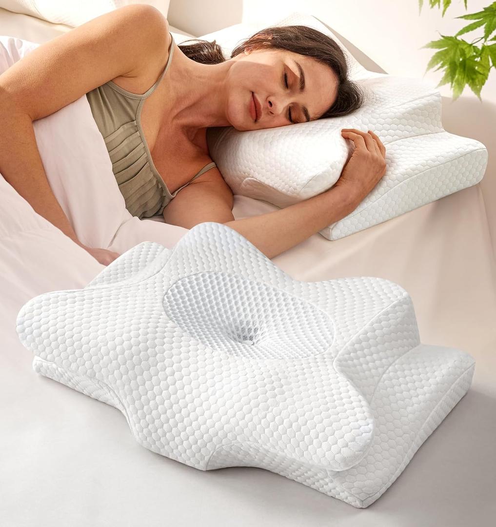 Emircey Clinical-Level Relief Cervical Neck Pillow for Sleeping, Orthopedic Contour Memory Foam Pillow for Side Sleepers, Cooling Reading Pillow for Neck Relief, Ergonomic for Back Stomach Sleepers (Queen, Snow White)