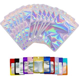 100 Pieces Holographic Resealable Mylar Holographic Bags Food Storage Smell Proof Bags with Front Window Packaging Pouch for Cookies Sample Jewelry Snack,5.12 * 8.27 inches