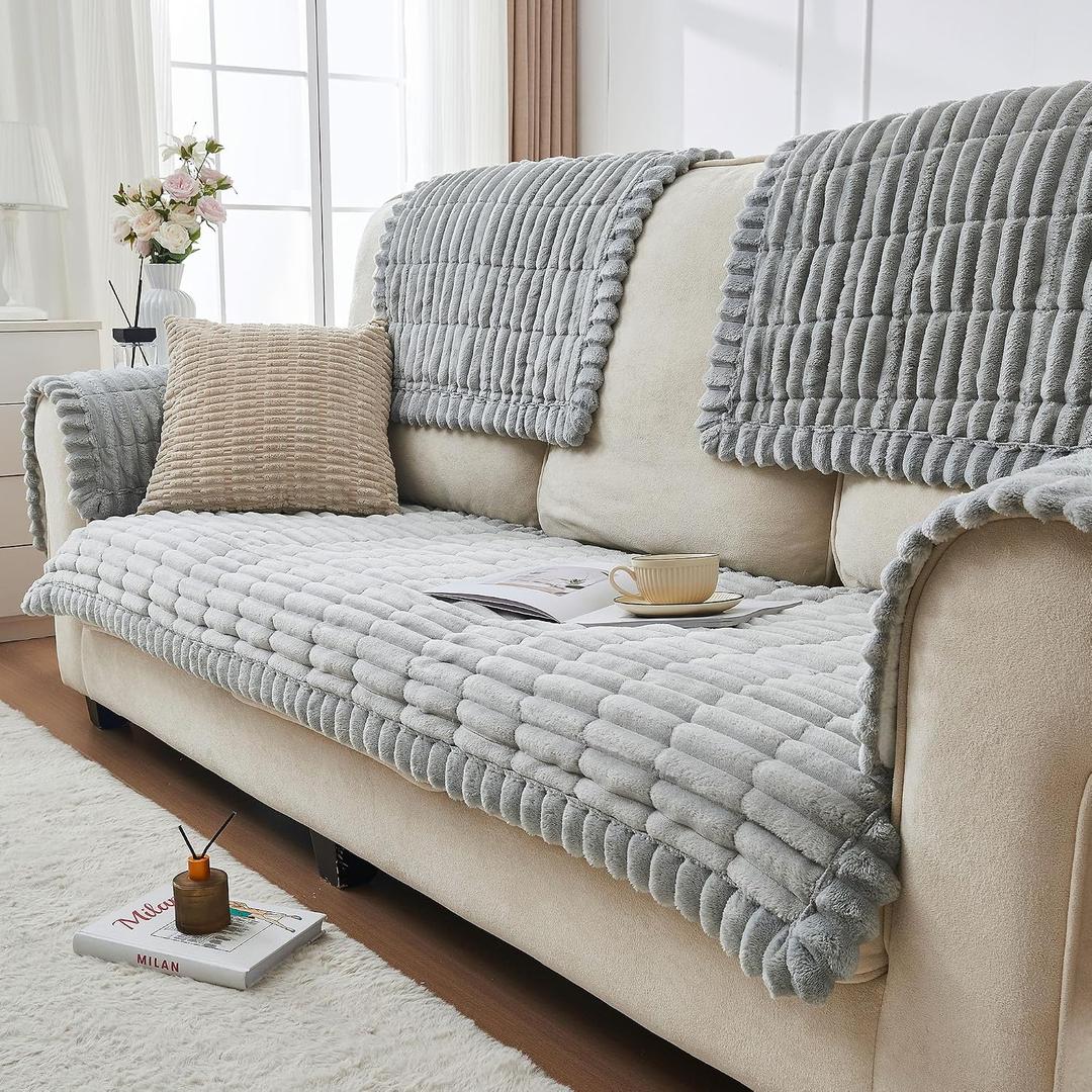 beeweed Couch Covers for Sofa, Couch Covers for Dogs Washable, Non Slip Plush Sofa Slipcovers, Couch Furniture Protector Pet Friendly, Light Grey, 27.6” x 70.9”