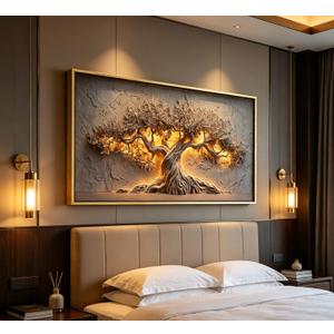 Framed Large Tree of Life Wall Art, Neutral Nature Big Tree Botanical Canvas Print Poster, Rustic Stone Wall Decor for Living Room Bedroom Hotel, Earth Tone,, 48"L x 24"W