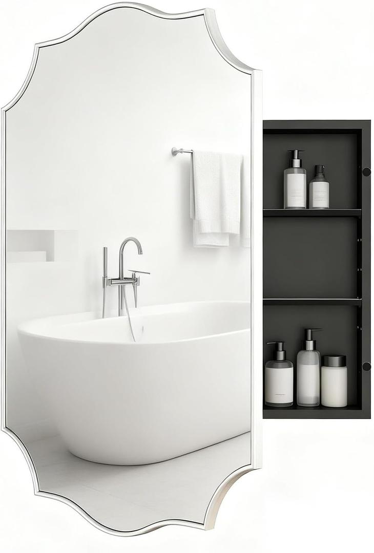 Sliver Scalloped Edge Vintage Medicine Cabinet Mirror, Decorative Bathroom Storage Cabinet with 2 Adjustable Shelves, Recessed or Surface Mount (Brushed Sliver, 20x26)