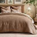 EverGrace Luxury Velvet Quilt Set King Size 3 Piece, Soft Cross-Stitch Velvet Comforter Set with Pillow Shams, Lightweight Coverlet Bedspread Bedding Set for All Seasons, Tobacco Brown