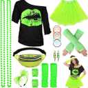 WILDPARTY 80s Costume Accessories for Women, T-Shirt Tutu Fanny Pack Headband Earring Necklace Fishnet Gloves Legwarmers (Large, Green)