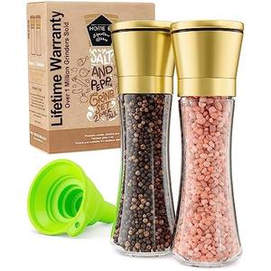 Home EC Original Gold Salt and Pepper Grinder Set of 2 - Adjustable Ceramic Grinder - Tall Glass Salt and Pepper Shakers With Funnel and Ebook - Kitchen Spice Mill - Gold Kitchen Accessories