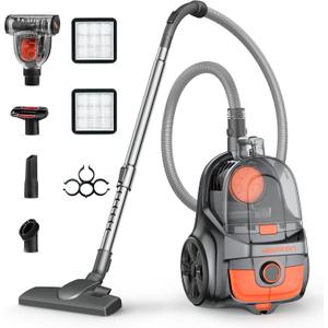 Aspiron Canister Vacuum, Upgraded 1600W Bagless Canister Vacuum Cleaner, Auto Cord Rewind, H13 HEPA Filter, 4Qt Large Capacity, 5 Tools for Hard Floors, Carpet, Pet, Upholstery, Tiles, Coral