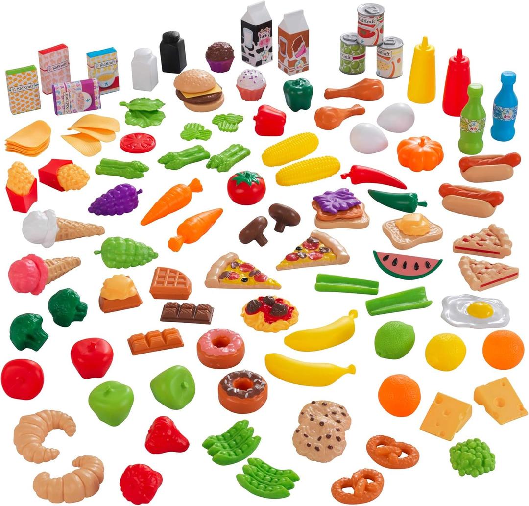 KidKraft 115-Piece Deluxe Tasty Treats Pretend Play Food Set, Plastic Grocery and Pantry Items, Gift for Ages 3+