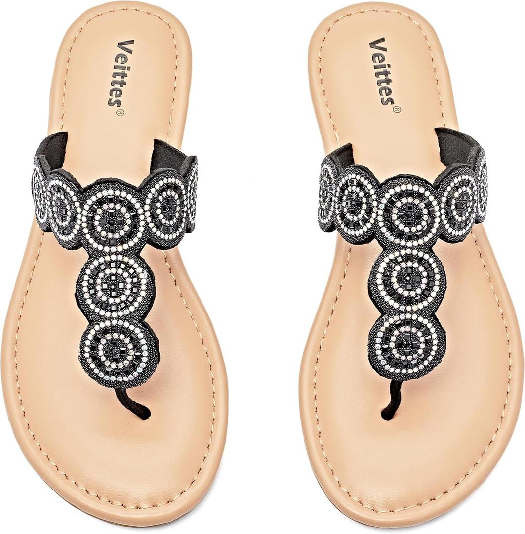 Veittes Women's Gladiator Flat Sandals - Casual Criss Cross Ankle Strap Design, Round Toe, Comfortable Rubber Sole, lightweight Summer Beach Toe Ring Thong Sandals (11, Vt2307006black)