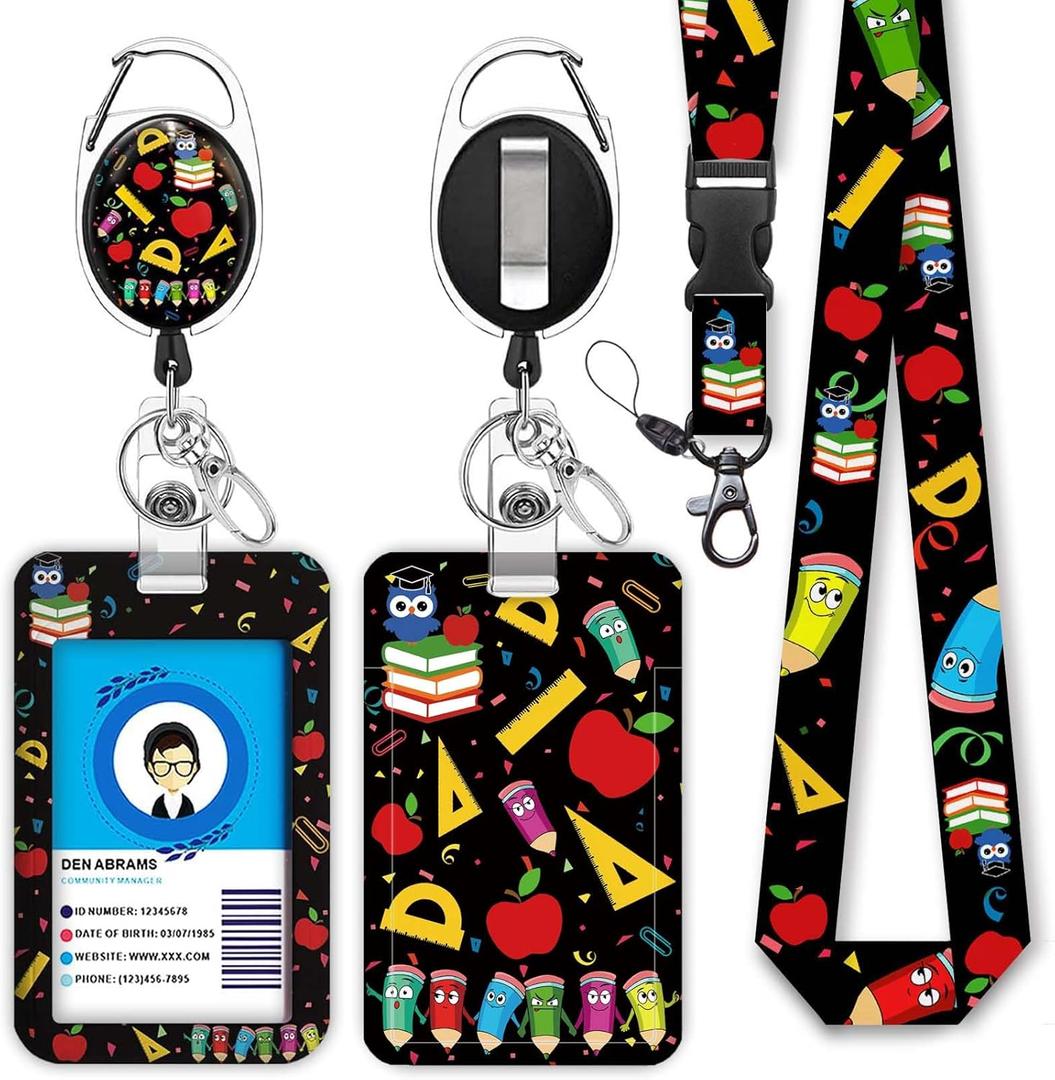 Cute Teacher Lanyards for Id Badges and Keys, Retractable ID Badge Holder with Detachable Lanyard, Fashionable Badge Reel Heavy Duty with Carabiner Clip, Nurse Teacher Office Gifts