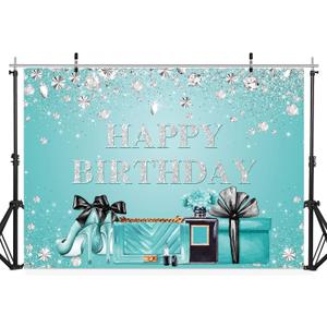 Riyidecor Teal Birthday Banner Backdrop for Women Party Decoration Girls Turquoise Silver Sparkle Diamonds Fashion Photography Background Supplies 7x5 Feet Props Photo Shoot Fabric Cloth