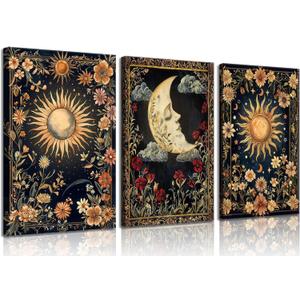 3pcs Celestial Sun and Moon Canvas Wall Art Crescent Moon Picture Botanical Wildflowers Painting Posters Astrology Gothic Print Aesthetic Artwork for Living Room Bedroom Decor 16x24in canvas (24L" x 16W")