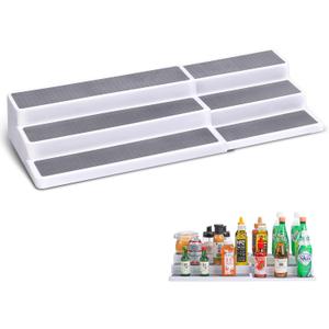 3 Tier Expandable Spice Rack Organizer, Plastic Spice Rack, Adjustable Length 14.6In-25.8In, Non-Skid Tiered Spice Shelf Organizer for Kitchen Cabinet, Cupboard, Pantry, White/Grey